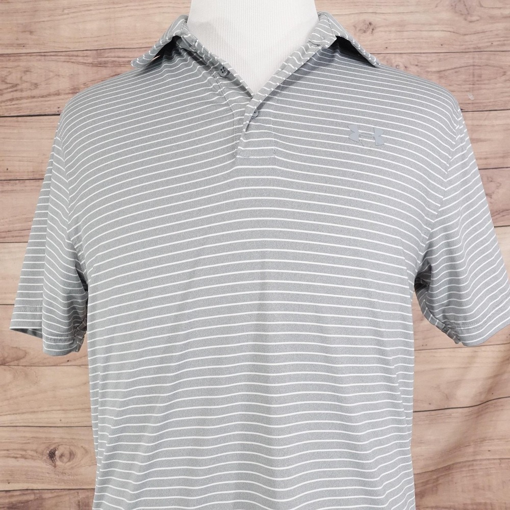 Under Armour Polo Shirt Mens Medium Gray Stripe HeatGear Golf Athletic Top